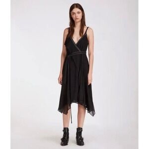 AllSaints Lenna Dress Black Pinstripe Ruffle Handkerchief Hem Midi US 0 UK 4